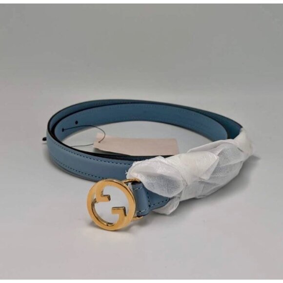 Gucci Women’s Blondie Ciny Interlocking Buckle Leather Belt Cloudy Blue 115cm 72 - Picture 3 of 9